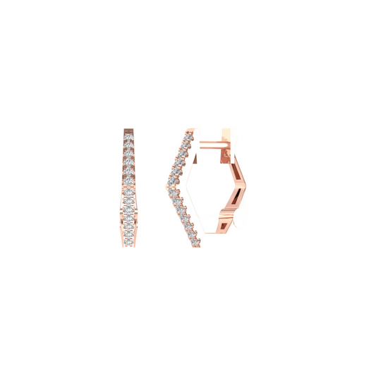 Rose gold geometric hoop earrings with clear baguette-cut stones, shown from front and side angles on a plain white background.