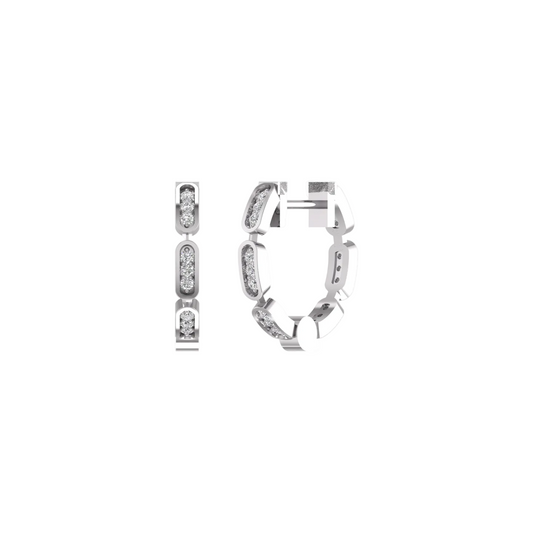 A pair of silver huggie hoop earrings with channel-set clear stones, shown from front and side angles on a plain white background.