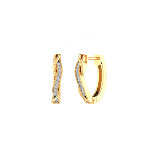 A pair of gold huggie hoop earrings with a twisted, wavy design and a pavé-set row of clear stones along the front, shown on a plain white background.