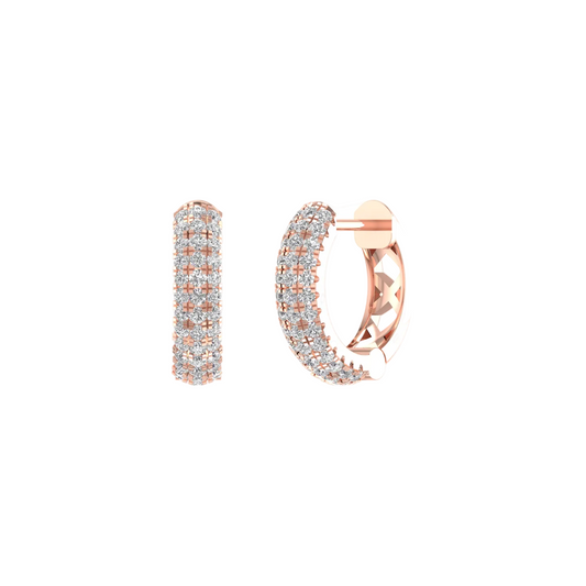 A pair of rose gold huggie hoop earrings paved with small clear stones, shown from two angles on a plain white background.