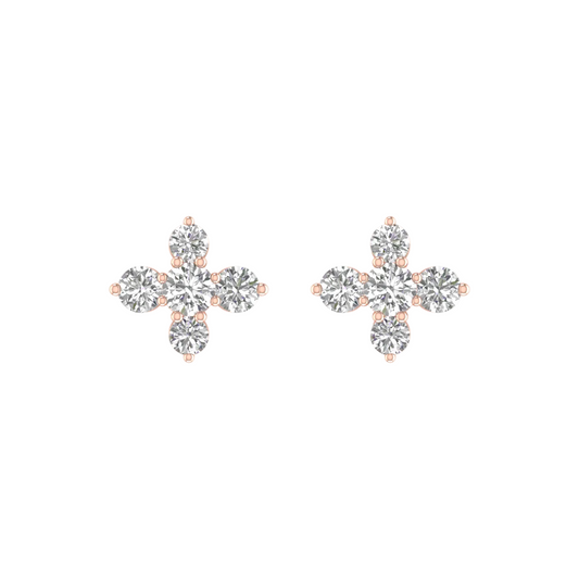 A pair of rose gold stud earrings featuring a floral cross design with clear round-cut gemstones, set against a plain white background.