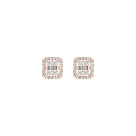 A pair of rose gold stud earrings with a double-halo diamond design, shown on a plain white background.