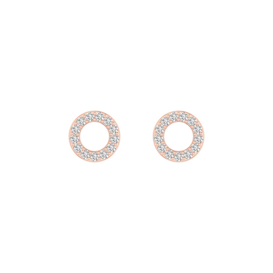 A pair of rose gold hoop stud earrings encrusted with small clear stones, shown on a plain white background.