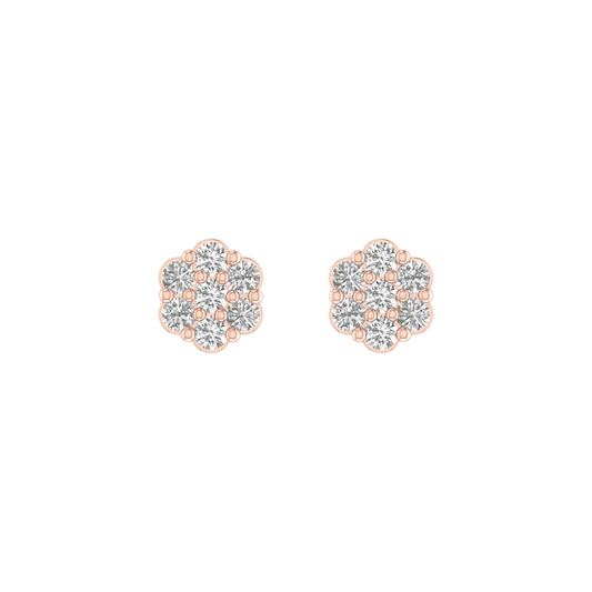 A pair of rose gold stud earrings, each featuring a cluster of seven clear round-cut gemstones in a flower-like arrangement, set against a plain white background.