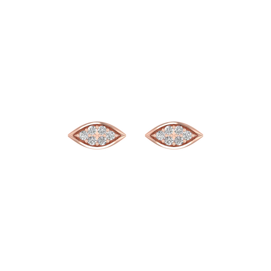 A pair of rose gold eye-shaped stud earrings set with small clear pavé gemstones, shown on a plain white background.