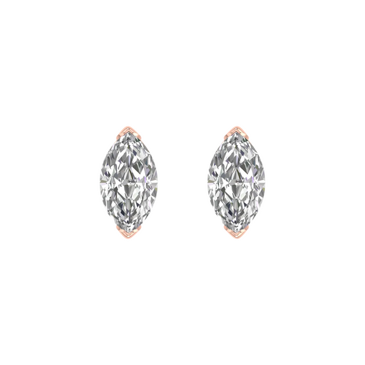 A pair of marquise-cut diamond stud earrings in rose gold settings, shown on a plain white background.