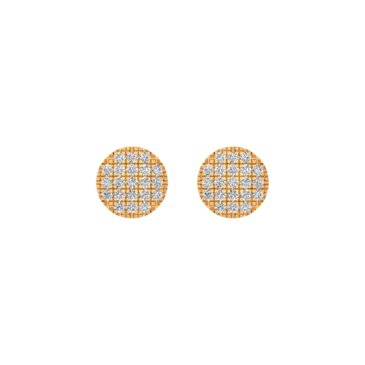 A pair of round stud earrings with a gold-toned grid pattern and clear pavé stones, shown on a plain white background.
