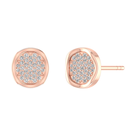 A pair of rose gold oval stud earrings with pavé-set clear stones, shown from both front and side angles on a plain white background.
