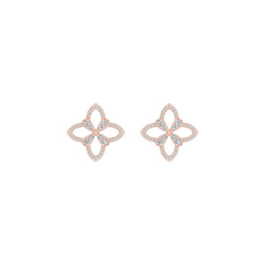 A pair of rose gold stud earrings with a four-petal floral design, set with small clear stones on a plain white background.