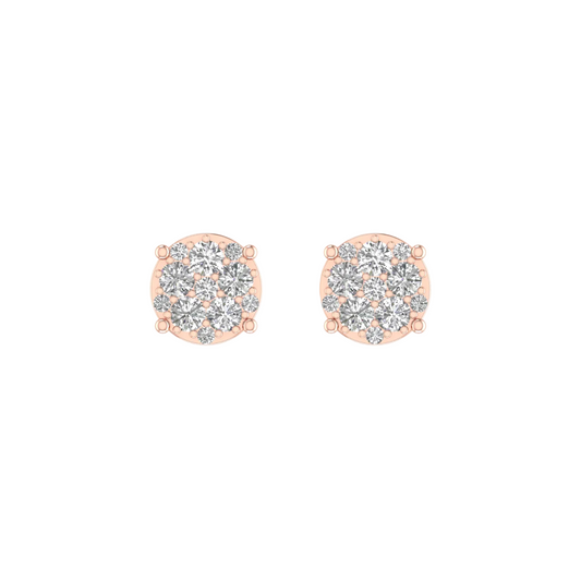 A pair of round rose gold stud earrings, each featuring a cluster of clear pavé-set gemstones in a prong setting, shown on a plain white background.