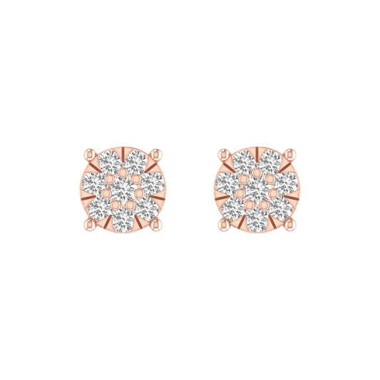 A pair of round rose gold stud earrings with a cluster of clear gemstones, shown on a plain white background.