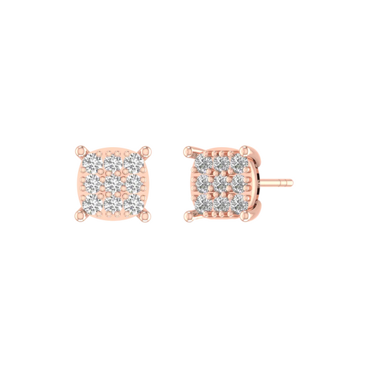 A pair of rose gold stud earrings with a square cushion-cut design, featuring a pavé setting of clear stones on the front and a post on the side, shown against a plain white background.