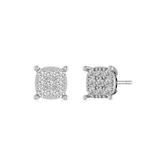 A pair of square cluster stud earrings in silver-tone metal, featuring pavé-set clear stones and a post back, shown on a plain white background.