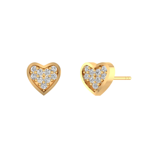 A pair of gold heart stud earrings, one shown from the front and the other from the side/back. The heart-shaped studs feature a gold border and a pavé center set with small clear gemstones.