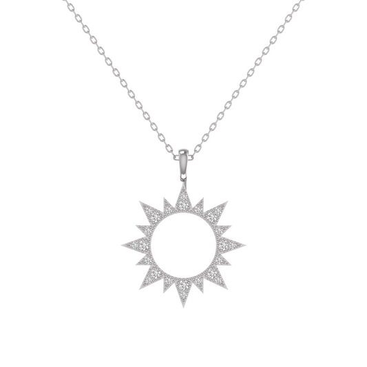A silver sunburst pendant necklace with a circular center and radiating pointed rays, shown on a delicate silver chain against a plain white background.