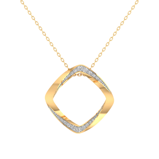 A gold necklace with a diamond-shaped pendant featuring pavé-set clear stones along the inner edges, shown on a plain white background.