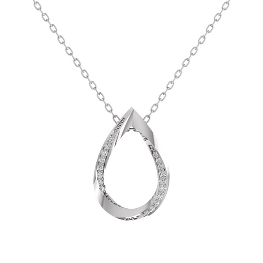 A silver teardrop-shaped pendant necklace with a twisted open design, accented with small clear stones along the edges, suspended from a delicate silver chain against a plain white background.