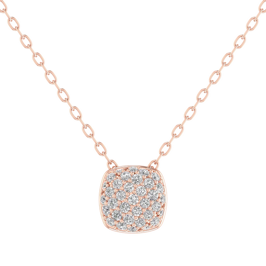 A rose gold chain necklace with a square-shaped pendant paved with clear gemstones, shown on a solid white background.