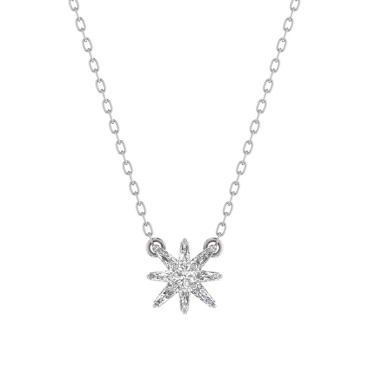 A silver-toned necklace featuring an eight-pointed starburst or snowflake pendant set with clear gemstones, suspended from a delicate link chain against a plain white background.