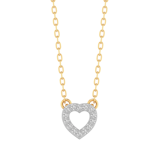 A delicate gold chain necklace featuring a heart-shaped pendant with a border of small clear stones, set against a plain white background.