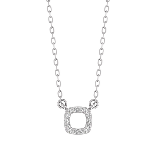 A silver-toned necklace featuring a square pendant with a border of small clear stones, suspended from a delicate link chain against a plain white background.