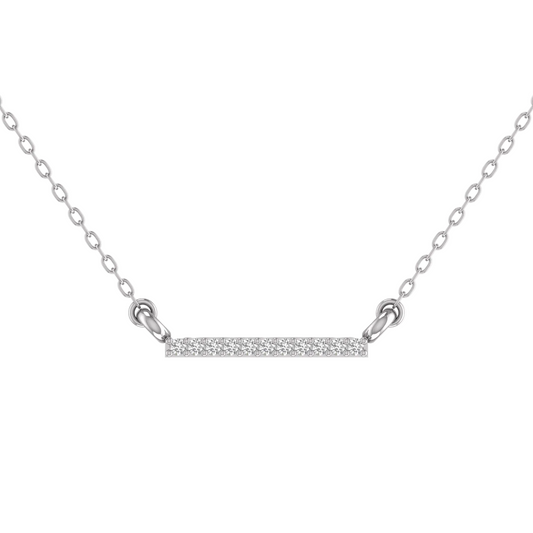 A silver bar necklace featuring a horizontal pavé diamond bar pendant on a delicate link chain, shown against a plain white background.