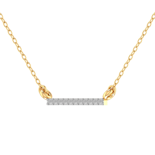 A gold chain necklace with a horizontal bar pendant paved with small clear stones, flanked by two gold oval links, on a plain white background.
