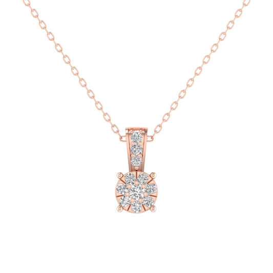 A rose gold necklace with a round-cut diamond pendant and a matching pavé diamond bail, shown on a clean white background.