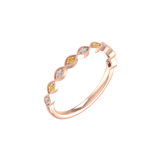A rose gold band ring featuring a row of marquise-cut gemstones in yellow, white, and rose gold settings, shown on a plain white background.