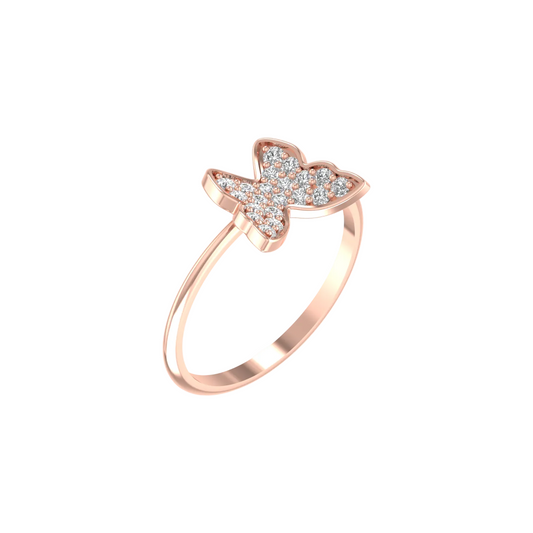 A rose gold butterfly ring featuring a pavé diamond butterfly on a polished band, set against a solid white background.
