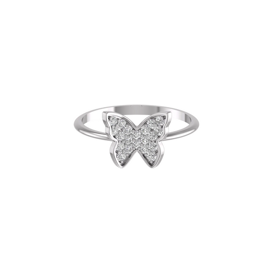 A silver butterfly ring paved with small clear stones, centered on a plain white background.