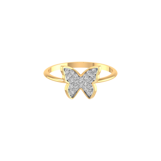 A gold butterfly ring with a pavé diamond center, shown on a plain white background.