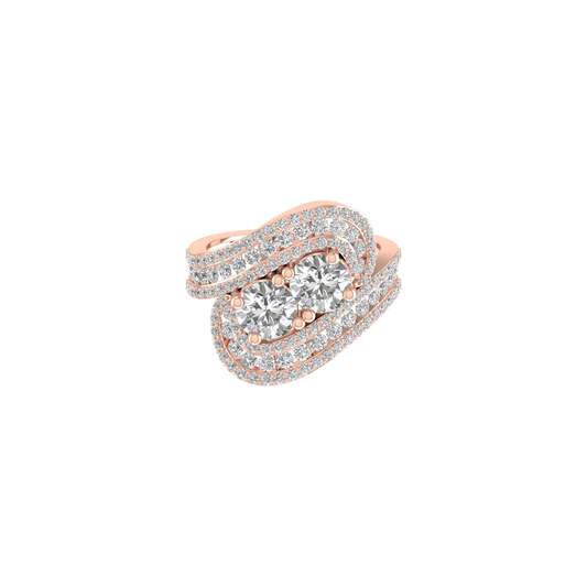 A rose gold ring with a double halo design set with clear round-cut gemstones, shown on a plain white background.