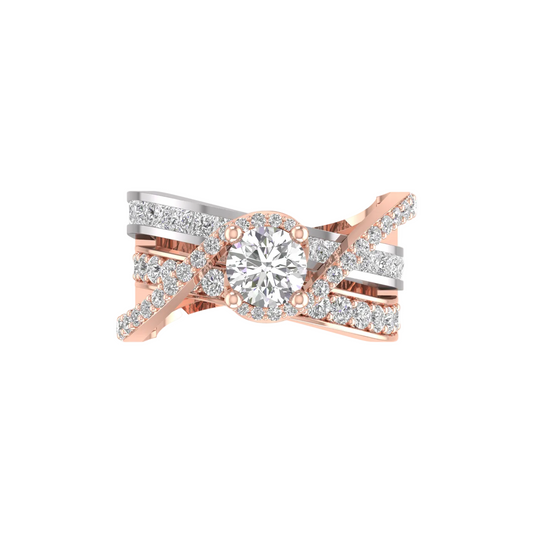 A rose gold and white gold ring with a round-cut center stone and pavé-set accent stones, shown on a plain white background.