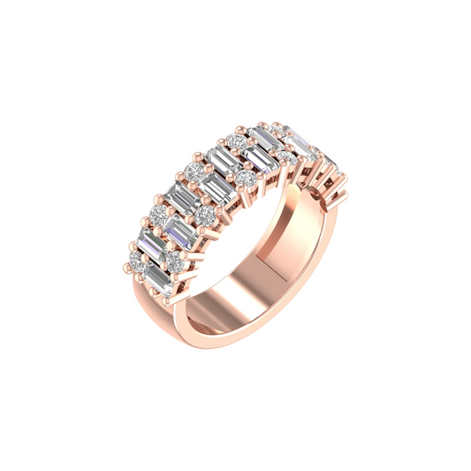 A rose gold band ring featuring multiple rows of baguette and round-cut clear gemstones, shown on a plain white background.