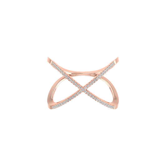 A rose gold ring with an open, crisscross design, featuring rows of small clear pavé stones along the crossing points, set against a plain white background.