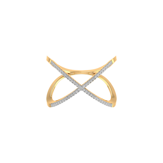 A gold ring featuring two curved bands that cross in an infinity-style design, with pavé-set clear stones along the crossing points, shown on a plain white background.