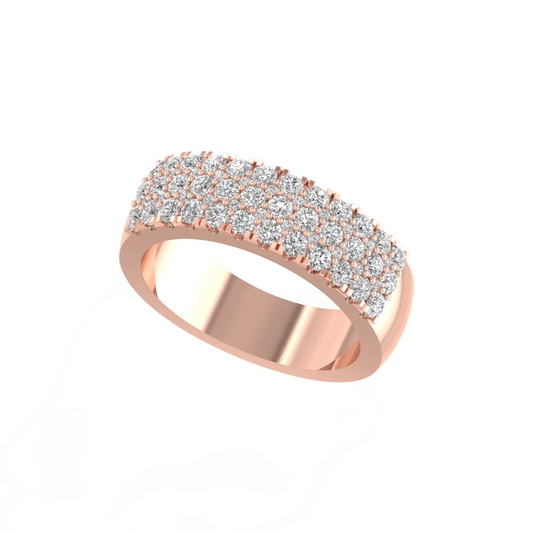 A rose gold double-row diamond band ring shown at an angle on a clean white background.
