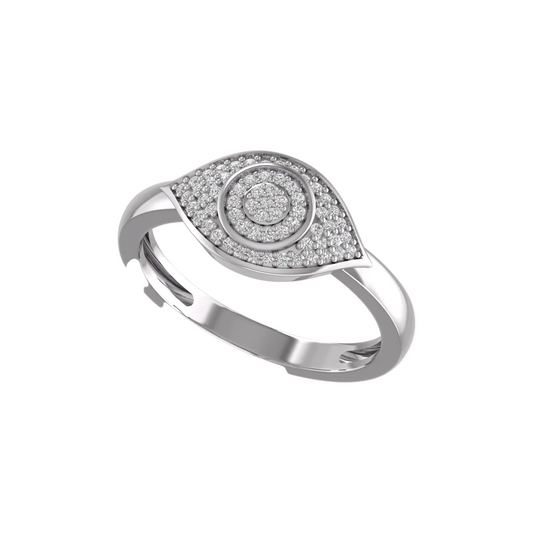 A silver-toned eye-shaped ring with a pavé diamond center and surrounding halo, shown on a plain white background.