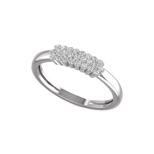 A silver band ring featuring a curved row of small clear stones across the top, photographed on a plain white background.