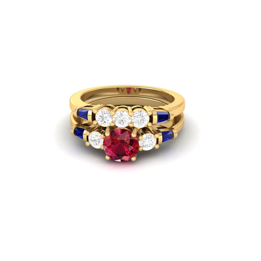 Round Ruby Diamond & Blue Sapphire Bridal Set Band Ring