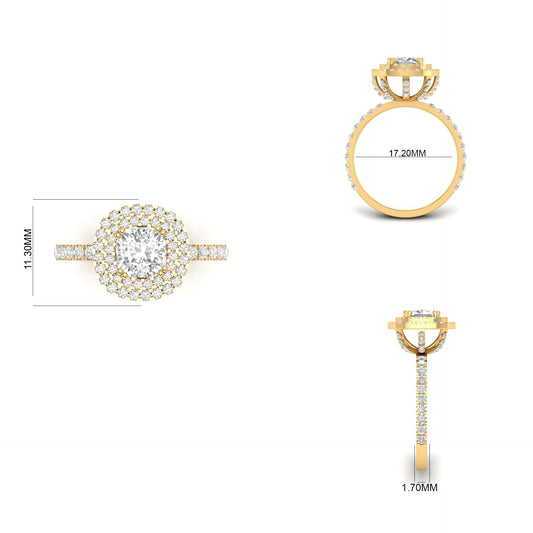 1.70CT Cushion Cut Moissanite Diamond Double Halo Engagement Ring In 18kt Gold Over Sterlinng Silver