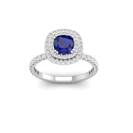 2ct Cushion Cut Created Blue Sapphire Double Halo Engagement Ring for Women