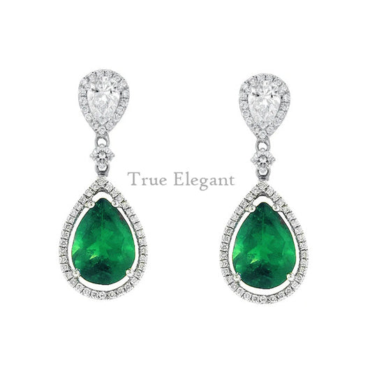 2.0Ct Pear Emerald Halo Diamond Drop Earrings In Sterling Silver
