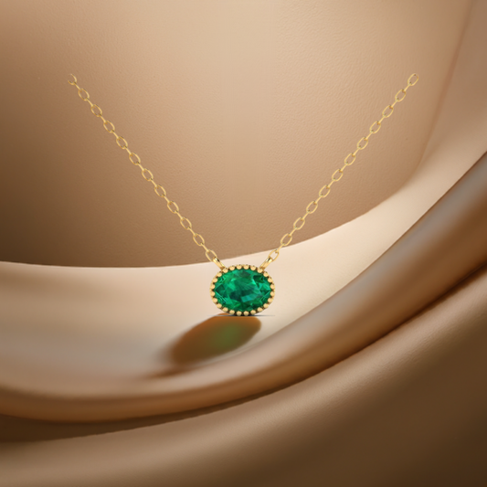 1.0CT Oval Emerald Pendant Necklace In Sterling Silver