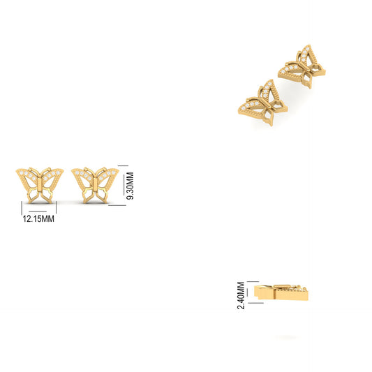 Blue Sapphire Butterfly Stud Earrings for Women, 18K Yellow Gold Over Sterling Silver, Handmade Gift