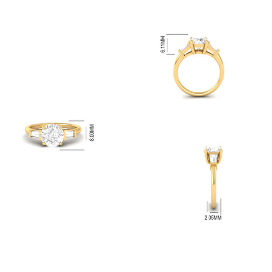 Three-Stone Moissanite Ring with Baguette Side Stones 14K Gold Plated