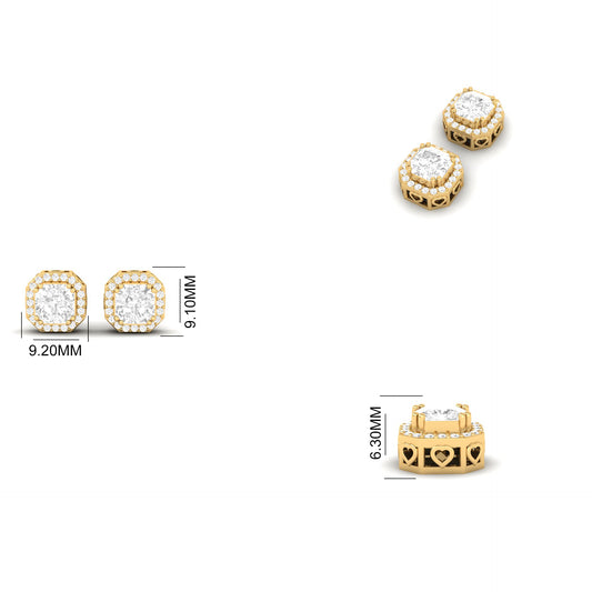 Cushion Cut Green Emerald Halo Stud Earrings for Women | 18K Yellow Gold Over Sterling Silver