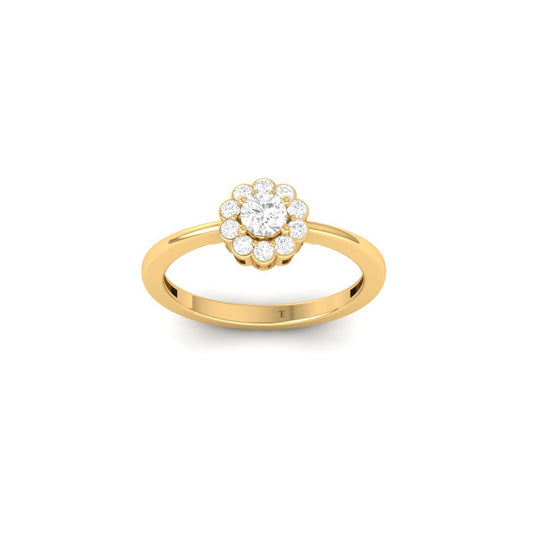 Floral Halo Engagement Ring, Dainty Flower Ring with Round Cut Center Stone, Elegant Gold Promise Ring, Handmade Jewelry for Her