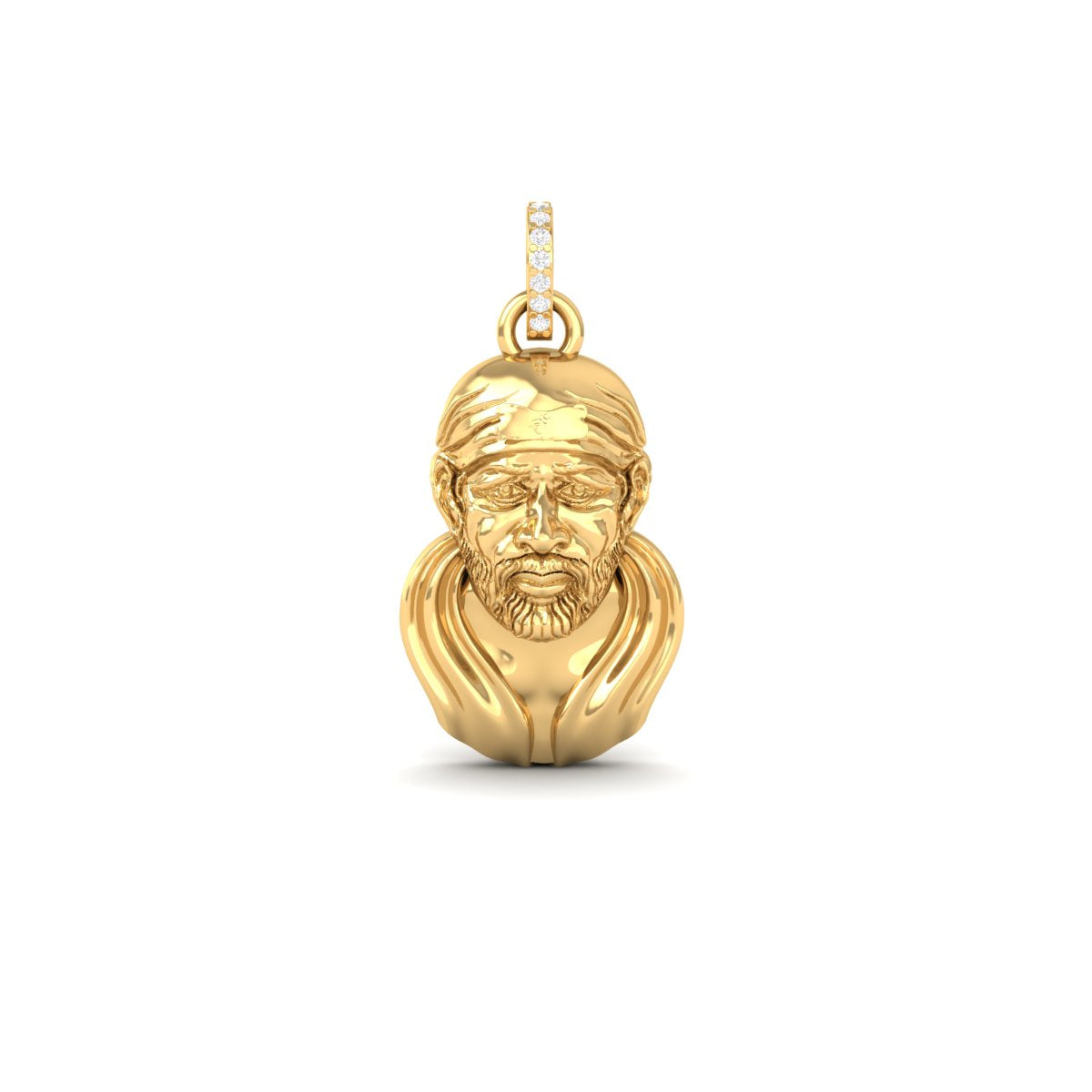 A gold pendant shaped like a bust portrait of Saint Theravala, featuring a small diamond-accented top loop, shown on a clean white background.